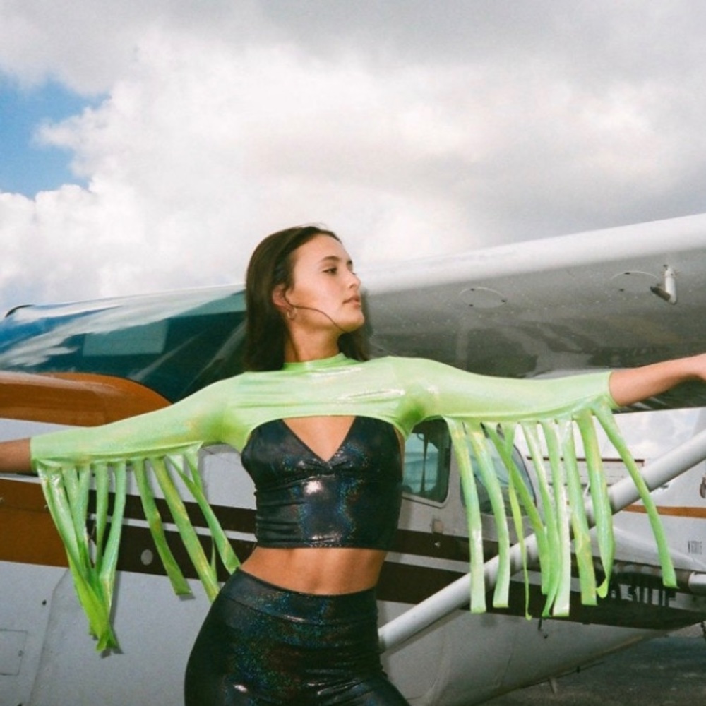 Space Cowgirl Rave Alien Fringe Holographic Green Shrug